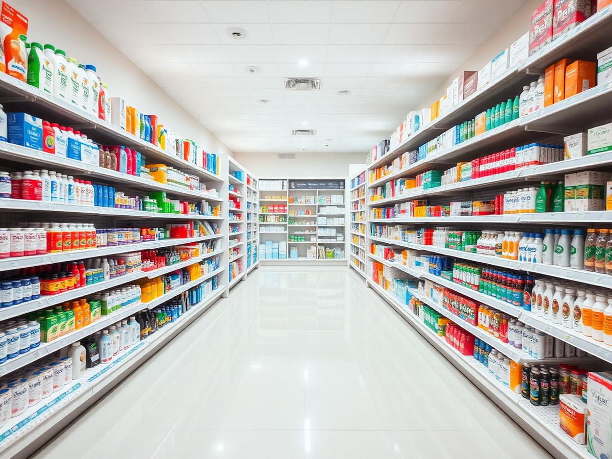 Shelves of health and wellness products inside Reddam Pharmacy