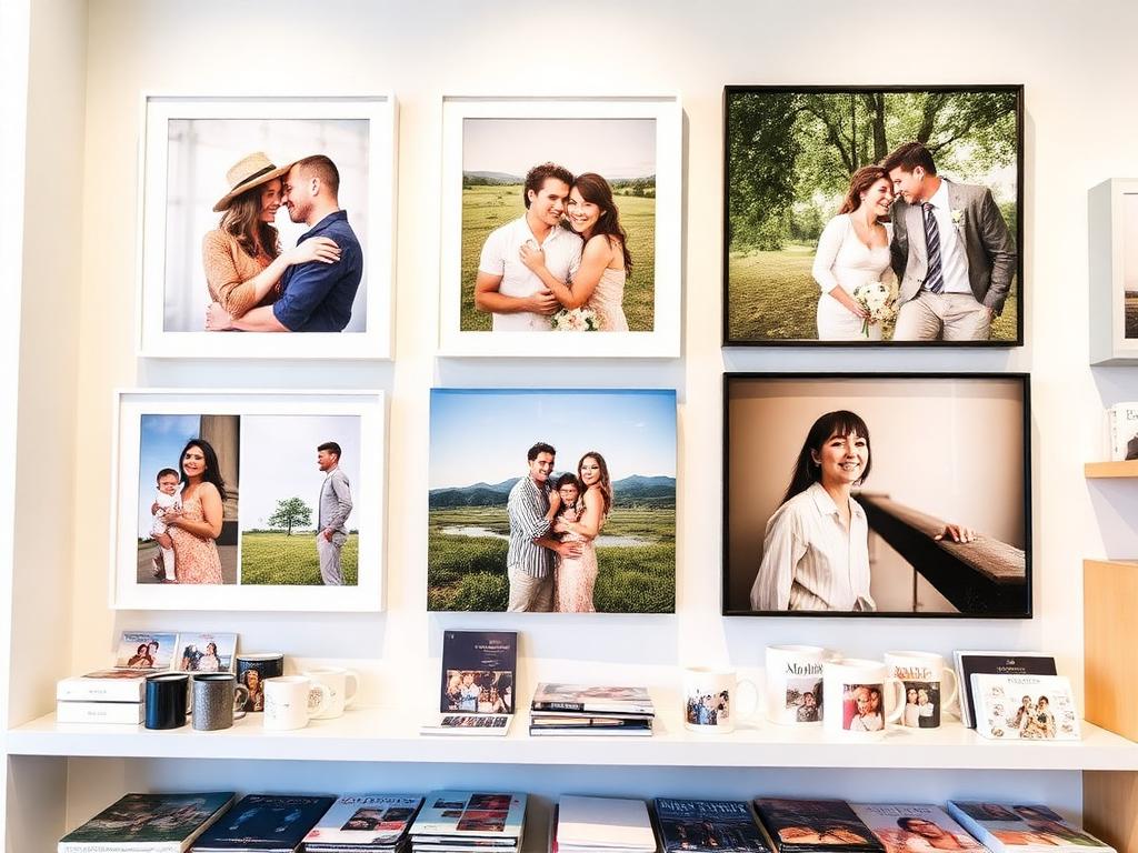 Framed photo prints, photo books and personalised mugs on display