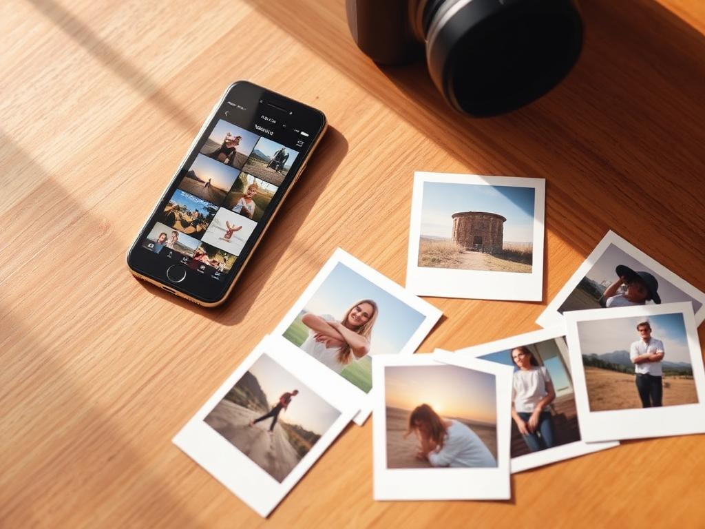 Phone showing a photo gallery beside freshly printed photo prints